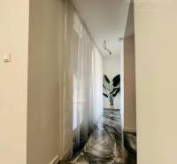 Elegant hallway in a family house with patterned flooring and a plant in the hallway.