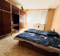 Bedroom with wood-patterned flooring and storage spaces in a family house.