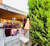 A family house in Okoč with a veranda surrounded by greenery and ornamental planting.