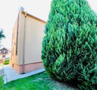 A family house in Okoč with a grassy garden and an adjacent walkway.