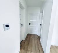 Interior of a family house with a wooden decor floor and white doors.