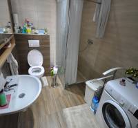 Bathroom in a 2-room apartment with a shower and a washing machine, floor with wood decor.