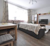 Living room with wood-patterned flooring, a television, and a table in a two-room apartment.