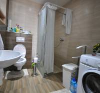 Bathroom in a 2-room apartment with a washing machine and a shower, floor with wood decor.