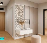 Entrance hallway with cabinets and a decorative panel in a 4-room apartment with wood-decor flooring.