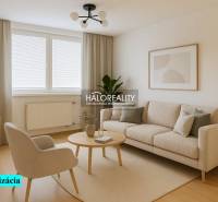 Living room in a 4-room apartment with a wooden decor floor and beige furniture.