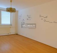 Empty room with a wall with inscriptions and a floor with wooden decor in a 4-room apartment.