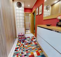 A hallway in a 2-room apartment with a mirror, colorful carpet, and decorations.