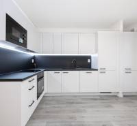 A kitchen in a 3-room apartment with white cabinets, a black countertop, and a wooden-patterned floor.