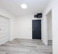 A hallway in a 3-room apartment with a wooden decor floor and white doors.