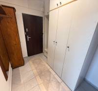 Entrance hallway with tiles and a built-in wardrobe in a 2-room apartment.