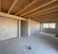 Interior of a family house with a wooden ceiling, large window, and lighting preparation.