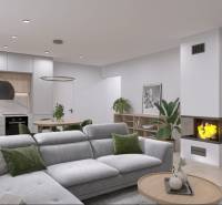 Living room with a corner sofa and a fireplace in a family house with a wooden decor floor.