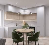 A kitchen in a family house, with marble tiles, green chairs, and a wooden-patterned floor.