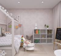 Children's room in a family house with a tent bed, blackboard, and storage shelves.