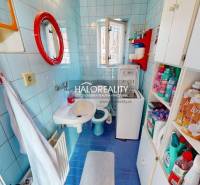 A smaller bathroom in a family house with blue decor and a washing machine.