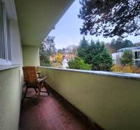 A balcony with a view of greenery and buildings, part of a 2-room apartment.
