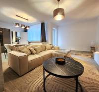 Interior of a 2-room apartment with a comfortable sofa, stylish coffee table, and flooring with a wooden decor.
