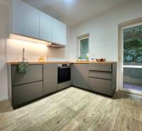 A kitchen in a 2-room apartment with a wooden decor floor and gray cabinets.