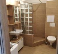 Bathroom with tiles, shower cabin, and sink in a studio apartment.