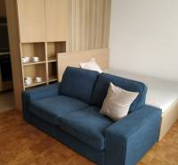A small 1-room apartment with a wooden floor, a blue sofa, and a kitchen.