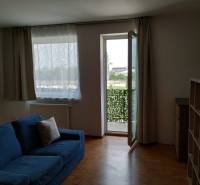 Living room with a blue sofa and an open balcony, complemented by a wood-patterned floor.