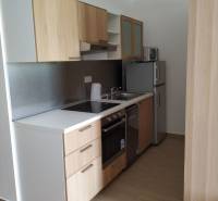A kitchen in a studio apartment with a wood-patterned floor and built-in appliances.