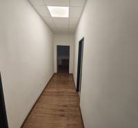 A hallway in an office with white walls and a wooden decor floor.