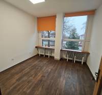 Offices with orange blinds, wood-patterned flooring, and radiators under large windows.