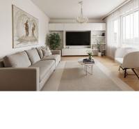 A stylish living room in a family house with comfortable sofas and a wooden decor floor.