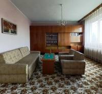 A sofa set and a carpet in the living room with a library in a family house.