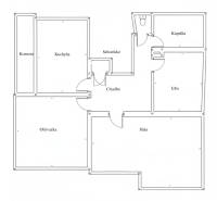 Floor plan of a family house with rooms: living room, bathroom, kitchen, bedroom, hall, pantry.