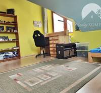 Attic room in a family house with wooden floor decor, colorful walls, and a carpet.