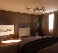 Bedroom in a family house with a painting, wooden decor flooring, and a large window.