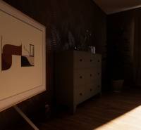 Interior of a family house with art on the wall and a floor with a wooden decor.