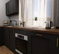 A kitchen unit in a family house with dark cabinets and a wooden decor floor.