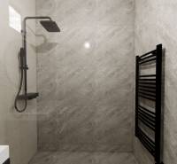 Shower corner with gray tiles and a black radiator in a family house.