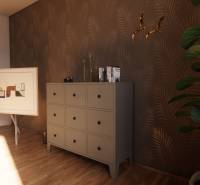 Interior of a family house with wallpaper, a dresser, a plant, and art, floor with wooden decor.