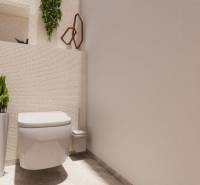 A bathroom in a family house with white sanitary ware, decorative greenery, and light-colored walls.