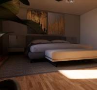 Bedroom in a family house with a bed, a plant, and a wooden decor floor.
