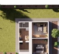 The floor plan of a family house in Zemianska Olča, lawn, trees, rooms, and flooring with a wooden decor.
