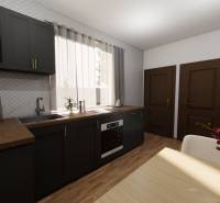 A kitchen in a family house with dark furniture, a coffee machine, and a floor with a wooden decor.