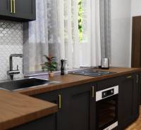 Modern kitchen in a family house with wood-patterned flooring and dark cabinets.