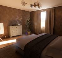 Bedroom in a family house, with wood-patterned flooring, a painting, and a plant.