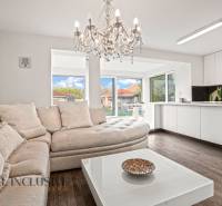 Living room of a family house with a sofa, chandelier, and kitchen unit, floor with wood decor.