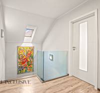 Interior of a family house with a wooden decor floor, colorful painting, and skylight.