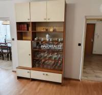 Living room with a cabinet, view into the dining room, floor with wood decor.