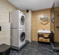 Bathroom in a 3-room apartment with a shower, washing machine, and sink, black tiles.