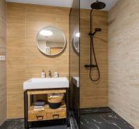 Bathroom with a sink, shower corner, and floor with wooden decor in a 3-room apartment.