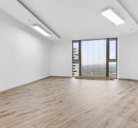 A bright room with a wood-patterned floor and large windows in a three-room apartment.